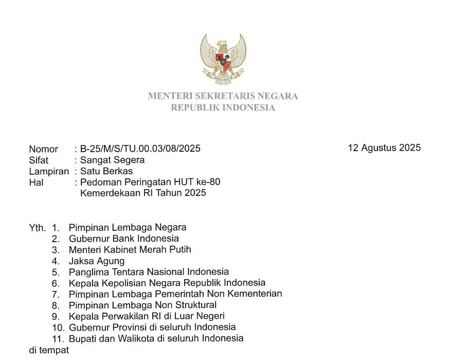 Surat Edaran Mensesneg tentang Pedoman Peringatan HUT ke-80 Kemerdekaan RI Tahun 2025