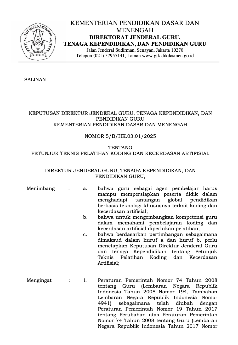 PETUNJUK TEKNIS PELATIHAN KODING DAN KECERDASAN ARTIFISIAL