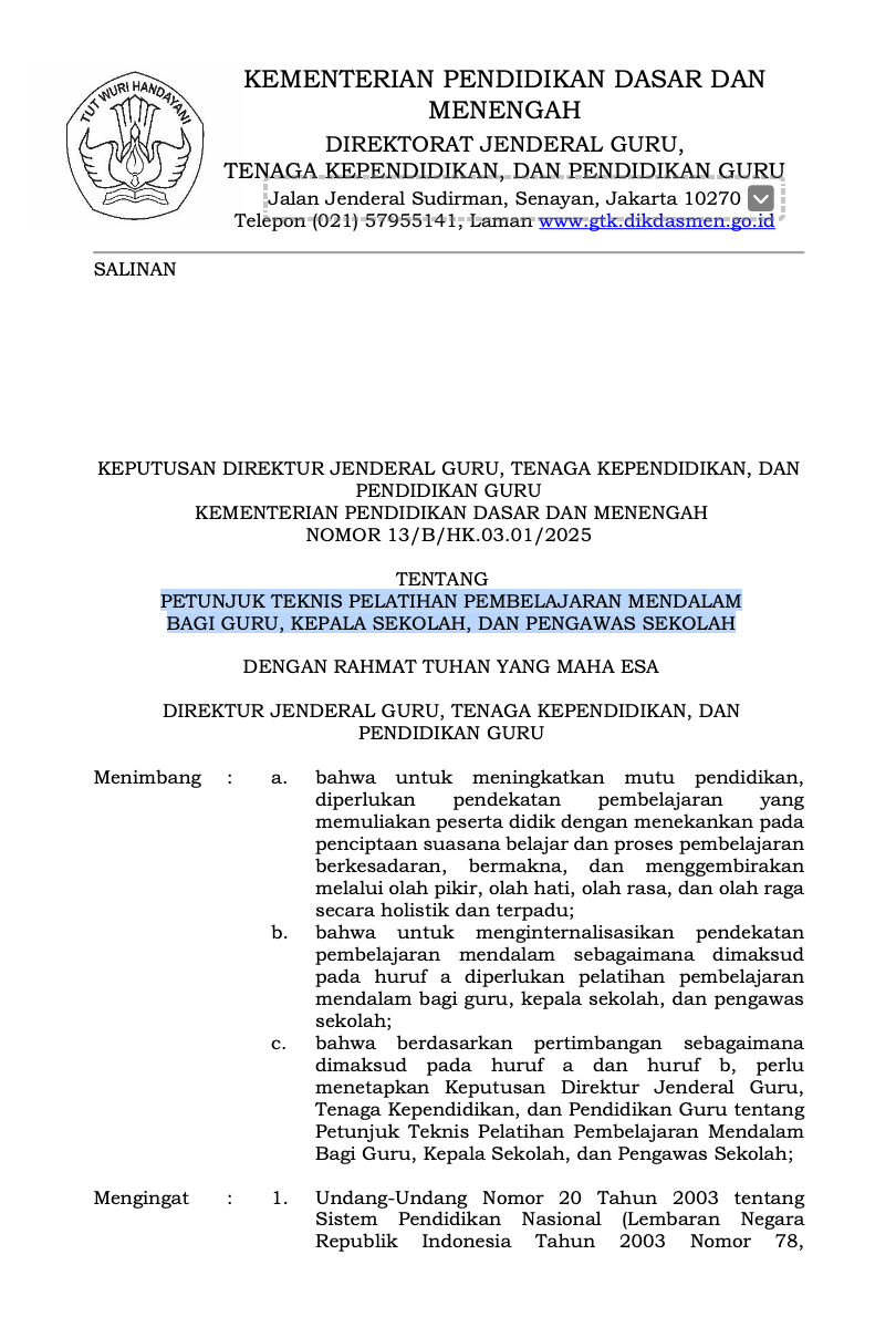 PETUNJUK TEKNIS PELATIHAN PEMBELAJARAN MENDALAM BAGI GURU, KEPALA SEKOLAH, DAN PENGAWAS SEKOLAH